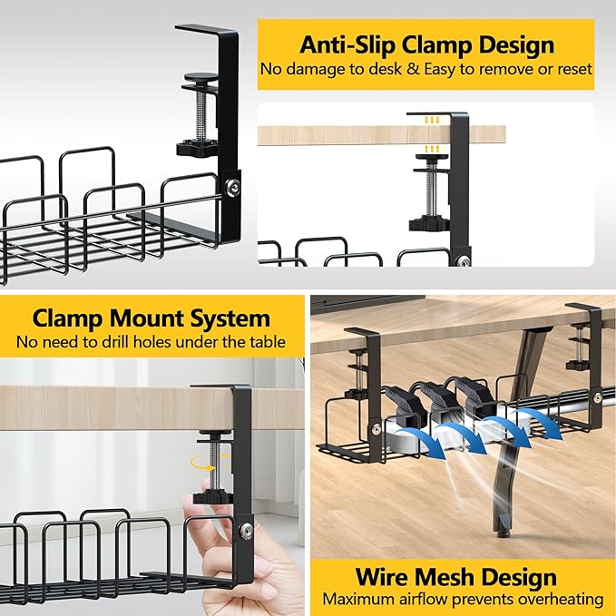 Under Desk Cable Management Tray,15.7” No Drill Cord Organizer with Clamps for Wire Management,4MM Under Desk Cable Management Tray for Home Office,Metal