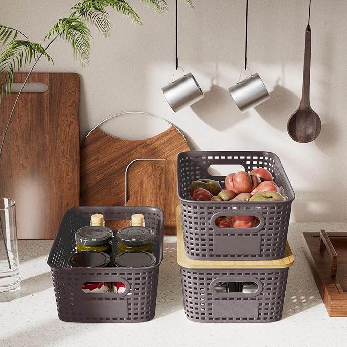Small Storage Bins with Bamboo Lids, Decorative Plastic Storage Box with Lids, 5QT Stackable Organizing Baskets with Lable for Classroom, Office, Desktop, Closet, Shelf, 10x7.1x4.1 In, Brown, 6 Pack