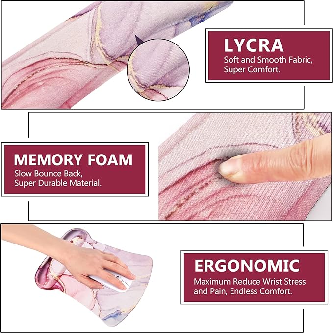 AIMSA Ergonomic Keyboard Wrist Rest and Mouse Pad with Wrist Support Set, Memory Foam Non-Slip Rubber Base, for Home, Office, Easy Typing, Pain Relief, Pink Purple Marble