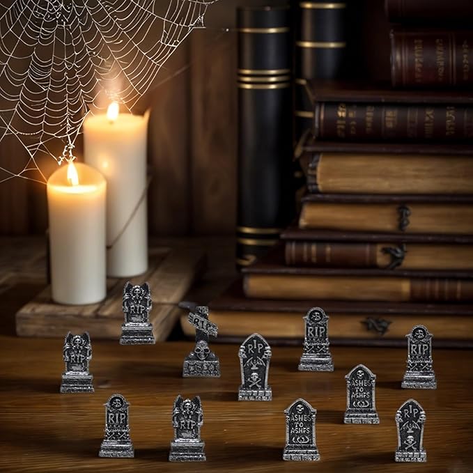 12PCS Mini Tombstones for Halloween Decoration, Resin Miniature Gravestones for Terrarium, Mini Headstones, Small Graveyard Set, Gothic Cemetery Figurines for Haunted House, Tabletop Displays