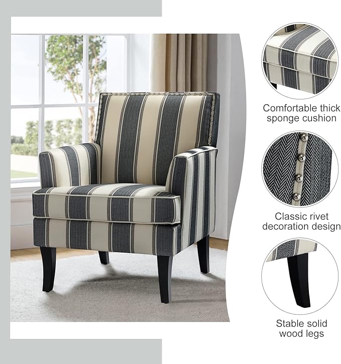 HULALA HOME Modern Accent Chairs Set of 2, Farmhouse High Back Striped Chairs with Wooden Legs & Nail Head Trim, Comfy Upholstered Armchairs for Living Room/Bedroom (Stripe Black)