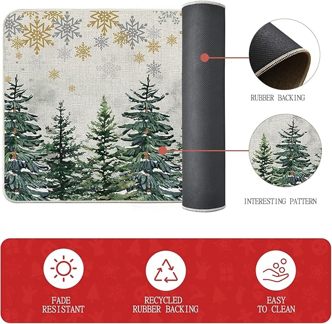 Artoid Mode Xmas Trees Deer Snowflakes Christmas Kitchen Mats Set of 2, Winter Home Decor Low-Profile Kitchen Rugs for Floor - 24x35 and 24x59 Inch
