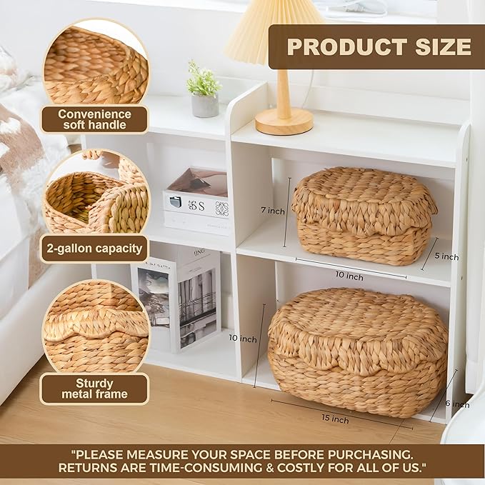 KOKODO Pack of 2 Scalloped Basket with Lids, Water Hyacinth Wicker, BOHO Handwoven Wicker Basket for Gifts, Diaper Caddy Organizer