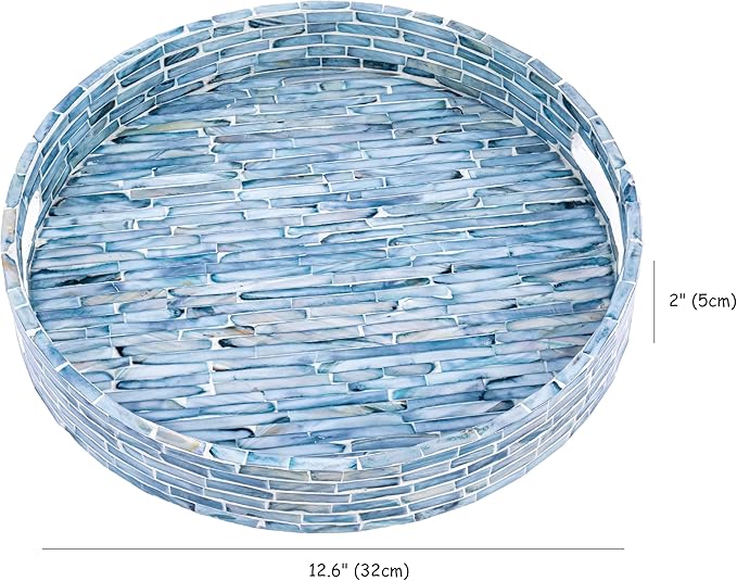 PEMAR 12.6” Mother of Pearls Lacquer Inlaid Round Serving Tray with Handles, Round Decorative Nacred Wooden Ottoman Coffee Table Tray (Blue Tiles)