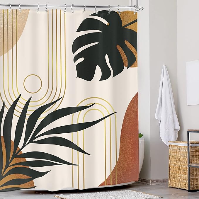 Glawry Boho Mid Century Shower Curtain 60Wx72L Inches Abstract Tropical Palm Leaves Modern Minimalist Plant Botanical Geometric Bathroom Aesthetic Bath Accessories Art Home Decor Fabric 12 Pack Hooks