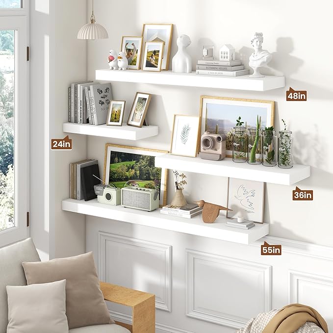 Heimlove 48" White Floating Shelves for Wall,10 Deep Rustic Wood Display & Storage Wall Shelves with Heavy Duty Brackets for Bathroom,Bedroom,Kitchen,Living Room,Office,Set of 2