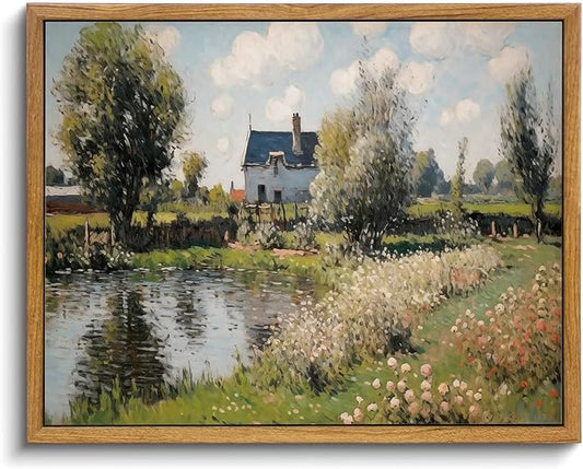 KISSFOX Vintage Landscape Framed Wall Art Impressionist Countryside River House Canvas Art Natural Cottagecore Paintings Artwork Rustic Art Prints For Bedroom Bathroom Living Room