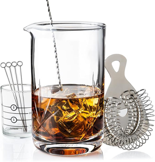 Cork & Mill Cocktail Mixing Glass, Old Fashioned Kit, Large 24 oz Crystal Cocktail Mixer for Bartenders, 9-Piece Home Bar Accessories Set for Manhattans and Other Whiskey Drinks