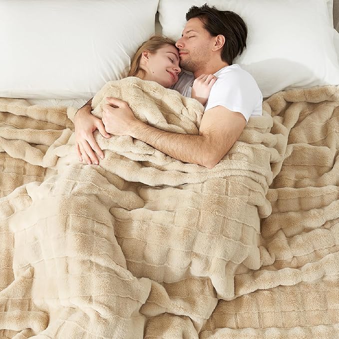 Cozy Bliss Fluffy Faux Fur Blanket King Size for Bed, Fuzzy Soft Striped Plush Blanket, Thick Throw for Bedroom Couch Gift, 108x90 Inches Beige