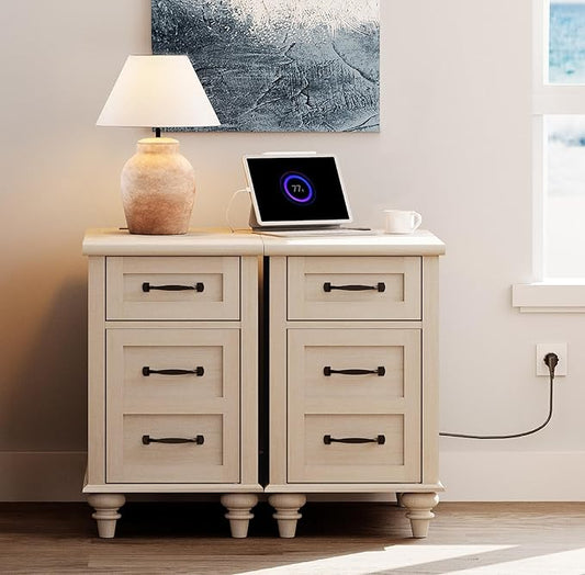 WAMPAT 2 Pack End Tables with Charging Station, Farmhouse Narrow Side Table with Drawer & Storage Cabinet, Beige Nightstand with Power Outlets & USB Ports for Living Room, Bedroom