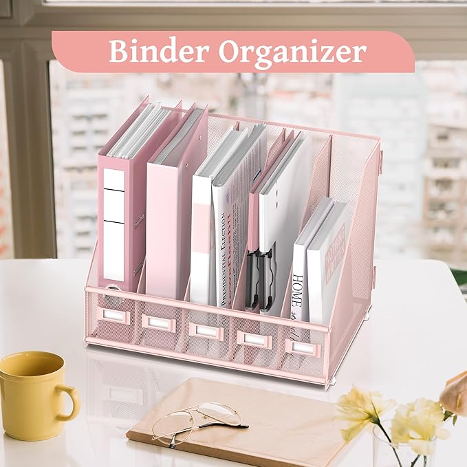 SUPEASY Desk Organizers Metal Desk Magazine File Holder with 5 Vertical Compartments Rack File Organizer for Office Desktop, Home Workspace, Pink Plus