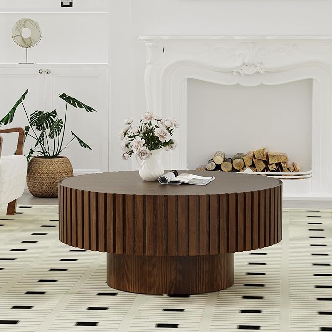 Modern Wood Round Coffee Table - Handcraft Drum Coffee Tables with Sturdy Base, Easy Assembly, Contemporary Style Small Coffee Table Tea Table for Living Room, Bedroom, Office (Brown Round)