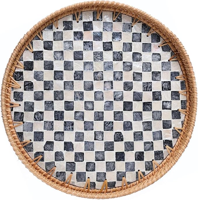 14'' Rattan Checkered Tray with Mother of Pearl, Round Coffee Table Tray Decor, Round Wicker Boho Decorative Woven Serving Tray (Checkerboard)
