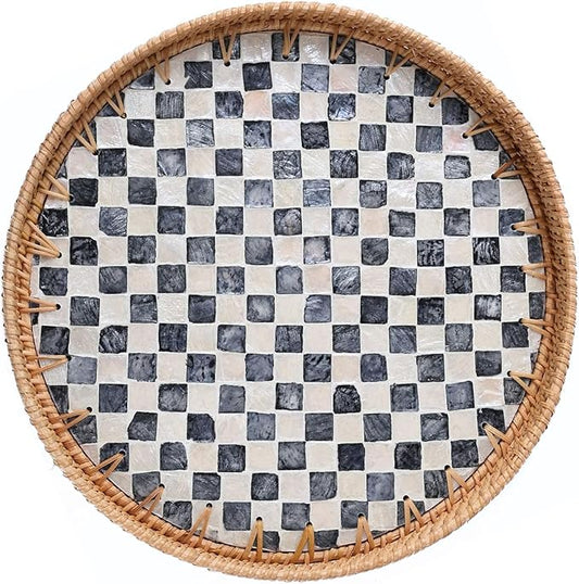 14'' Rattan Checkered Tray with Mother of Pearl, Round Coffee Table Tray Decor, Round Wicker Boho Decorative Woven Serving Tray (Checkerboard)