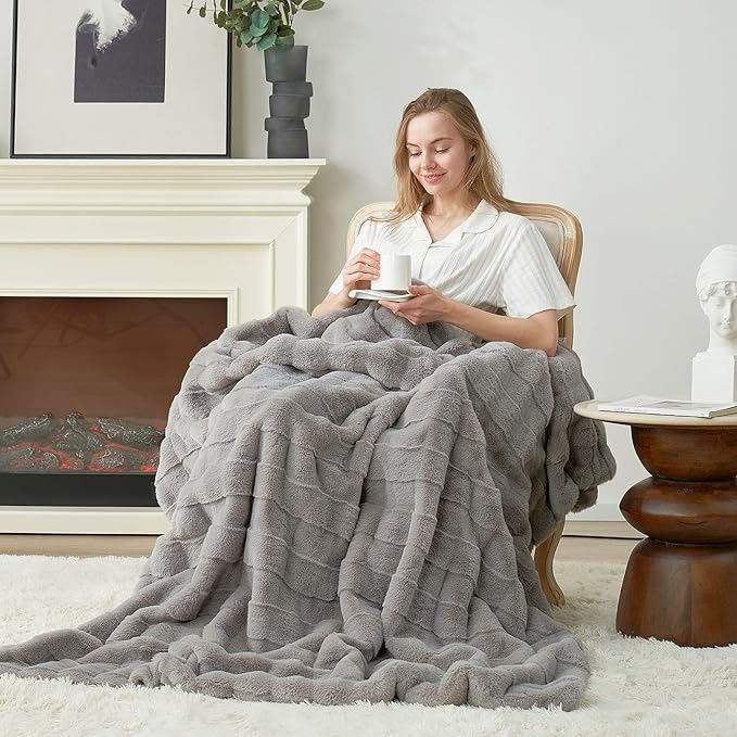 Cozy Bliss Fluffy Faux Fur Throw Blanket for Couch,Warm Cozy Soft Grey Throw Blankets for Sofa Bed Living Room,50x60 Inches