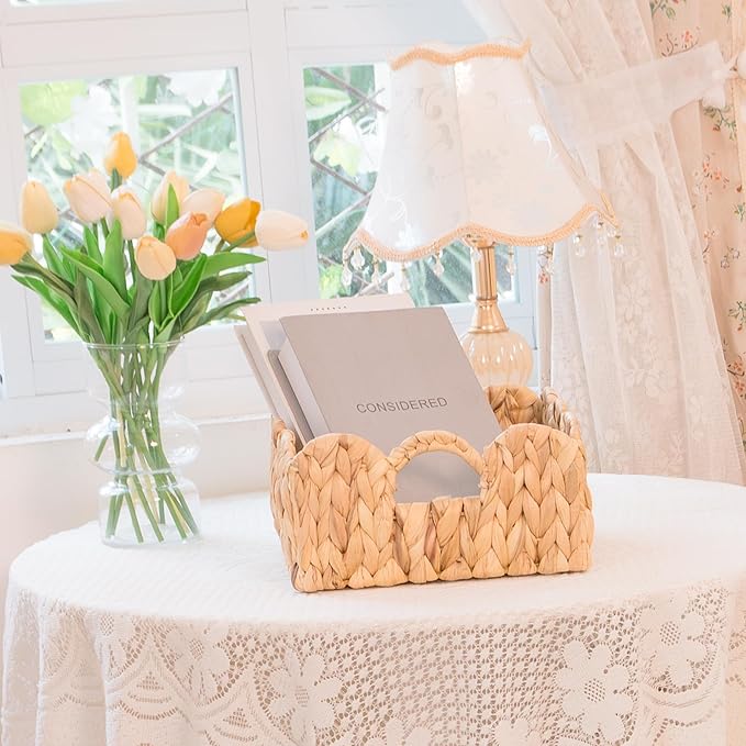 KOKODO Set of 2 Scalloped Wicker Baskets, Handwoven Water Hyacinth Decorative Bins with Handles for Home Decor & Organizing