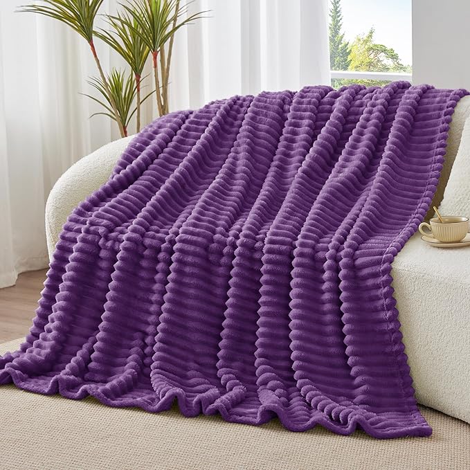BEDELITE Fleece Throw Blanket for Couch - 300GSM Soft & Warm Fluffy Purple Blanket, Decorative and Giftable Striped Blankets for Women, Men, 50"x60"