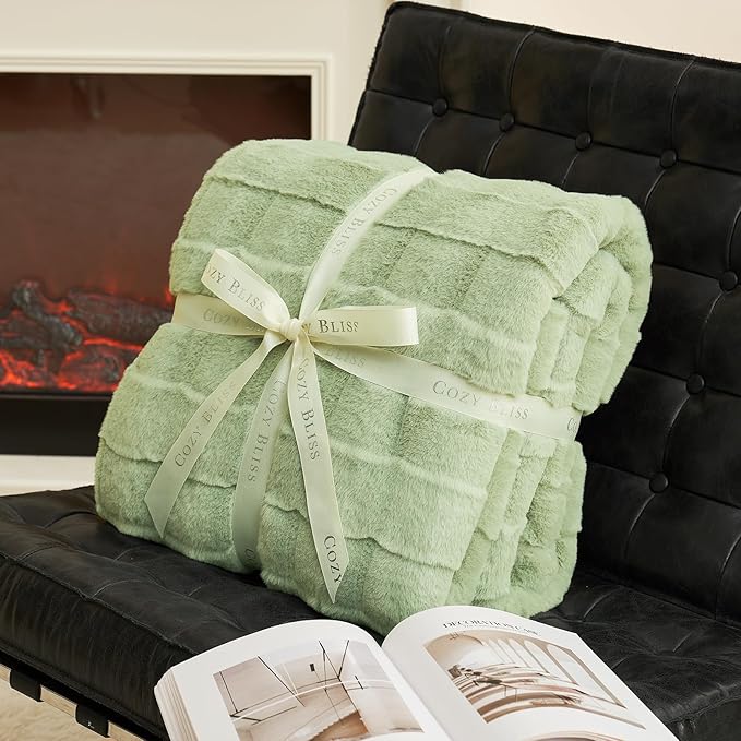 Cozy Bliss Fluffy Faux Fur Throw Blanket for Couch,Warm Cozy Soft Green Throw Blankets for Sofa Bed Living Room,60x80 Inches