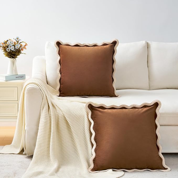 MONDAY MOOSE Decorative Throw Pillow Covers Cushion Cases, Set of 2 Soft Velvet Scalloped Wavy Edge Designs, Mix and Match for Home Decor, Pillow Inserts Not Included (Beige/Brown, 16x16 inch)