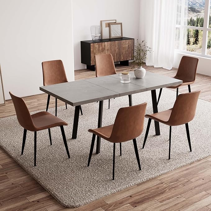 47.2"- 62.9" Extendable Dining Table with 6 Brown Dining Chairs, Modern Kitchen Table Set for 6, Thickened Expandable MDF Wooden Table with Metal Legs for Dining Room, Kitchen, Home