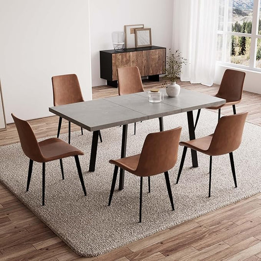 47.2"- 62.9" Extendable Dining Table with 6 Brown Dining Chairs, Modern Kitchen Table Set for 6, Thickened Expandable MDF Wooden Table with Metal Legs for Dining Room, Kitchen, Home