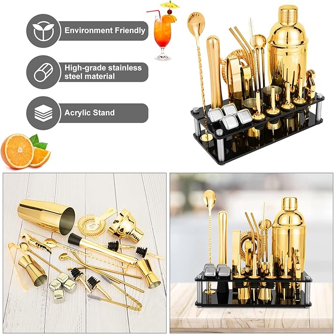 23 Piece Cocktail Shaker Set Bartender Kit with Acrylic Stand & Cocktail Recipes Booklet, Professional Bar Tools for Drink Mixing, Home, Bar, Party (Include 4 Whiskey Stones) - Gold