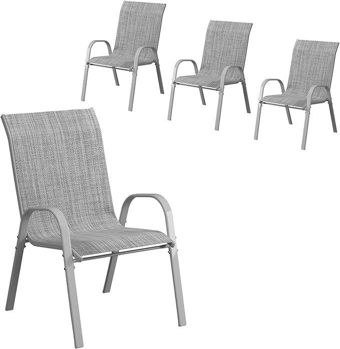 Amopatio Patio Chairs Set of 4, Outdoor Stackable Dining Chairs for All Weather, Comfortable Breathable Garden Outdoor Furniture for Backyard Deck, Grey & White