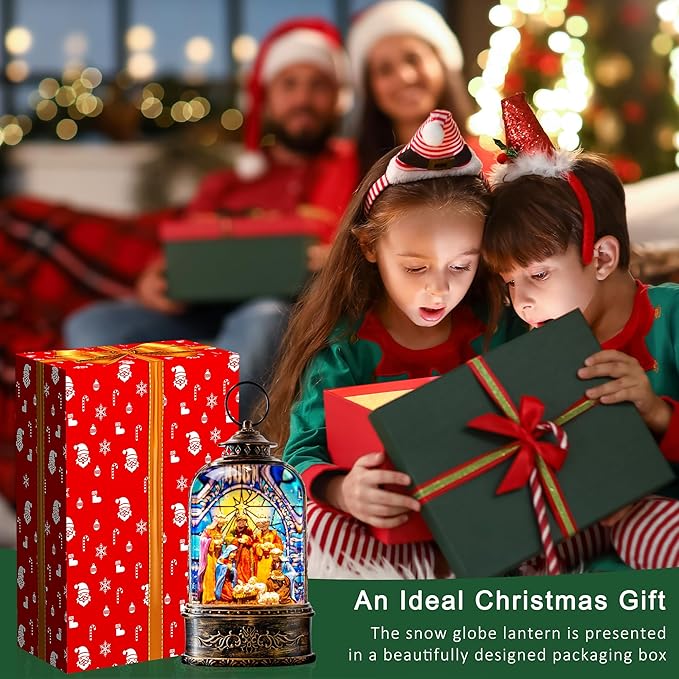 10.3" Christmas Snow Globe Water Lantern with Nativity Scene Battery Operated or USB Powered Musical Lighted Holiday Decoration for Tabletop Display for Family and Friends