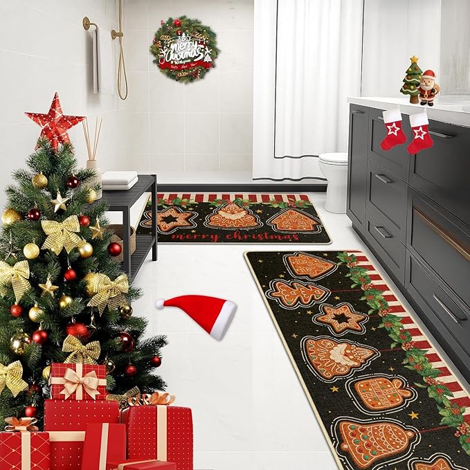 Christmas Gingerbread Kitchen Rugs and Mats Non Skid Washable Set of 2, Peppermint Candy Cookies Xmas Kitchen Mats for Floor Decor