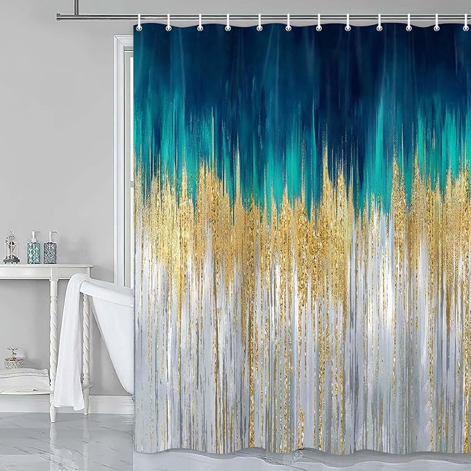 JAWO Abstract Teal Blue Shower Curtain, Lake Blue Boho Ombre Minimalist Chic Art Shower Curtains, Modern Neutral Contemporary Striped Brush Strokes Tan Art Waterproof Bathroom Curtain with 12 Hooks