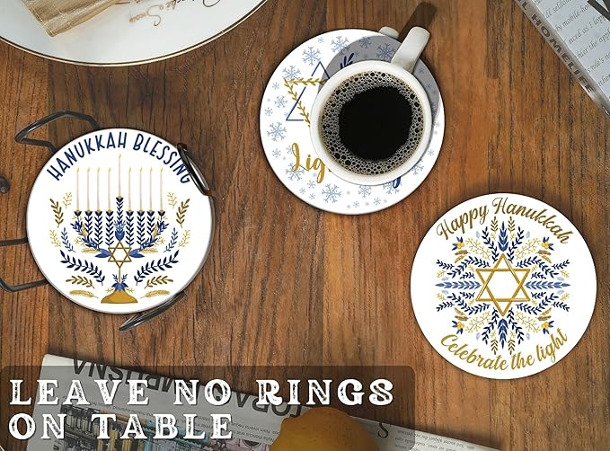Onebttl Hanukkah Gifts Coaster - Set of 6 Ceramic Absorbent Coasters with Cork Base, Home Decor for Men & Women