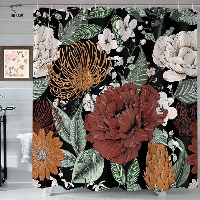 Sanzugh Boho Floral Shower Curtain, Pretty Vintage Bohemian Flower Botanical Leaves Fabric Shower Curtains Set for Bathroom Decoration with Hooks 72 X 72 inch Black Dark Bath Decor