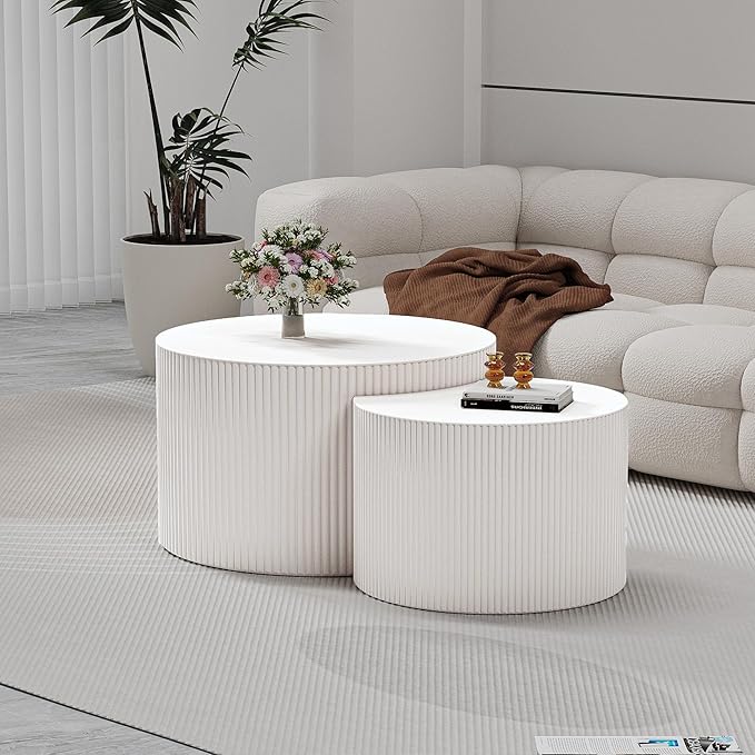 WXFKLDJ Round Nesting Coffee Table Set Cylindrical Wooden Coffee Table Sofa Center Table Circle Embossed Design Side Table for Living Room Apartment No Assembly (C-Shaped Small)
