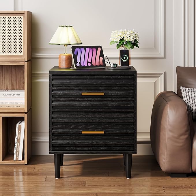 Alohappy Night Stand with Charging Station, Bedside Table with 2 Drawers, Mid Century Modern End Table, Bed Side Table with USB Ports and Outlets, Nightstand for Bedroom, Black 1pc