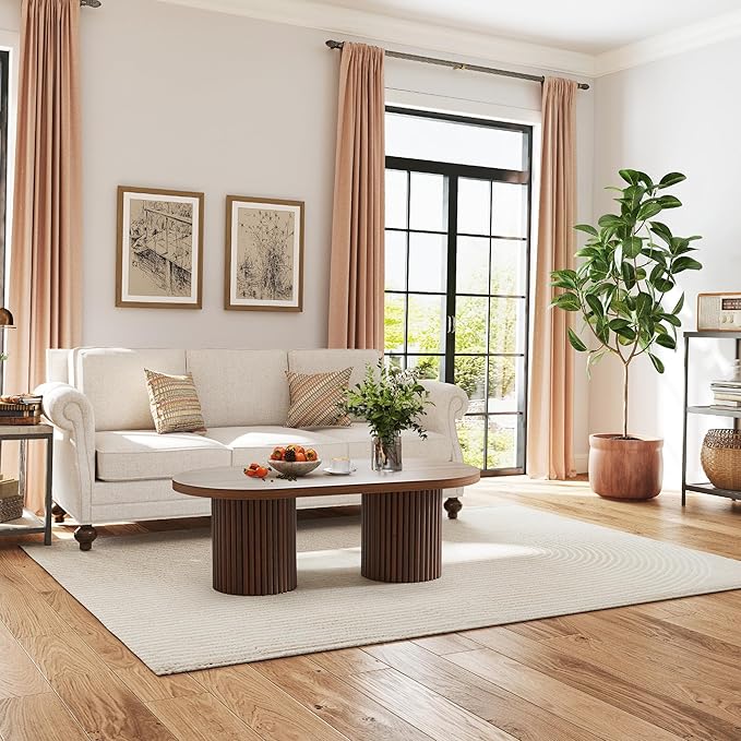 AVZEAR Oval Fluted Coffee Table for Living Room, Mid Century Modern Coffee Table with Fluted Legs, Curved Round Wooden Center Table for Home, Office, Cafe, Vintage Walnut (39.38" x 19.69" x 13.78")