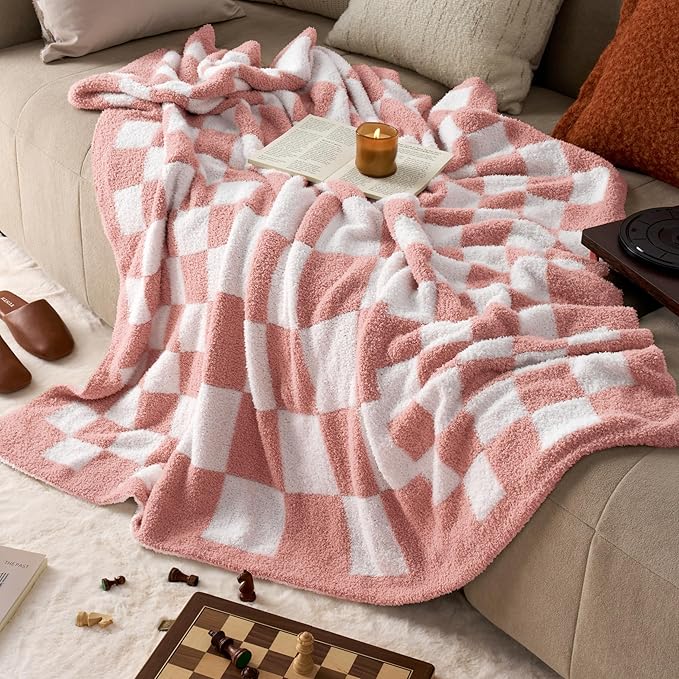 Joiedomi Throw Blanket for Couch, Pink White Checkered Knitted Blankets Gifts for Women Mom Girls, Cozy Cute Soft Throw Home Room Decor Aesthetic Women Mothers Birthday Gifts 50x60 Inches