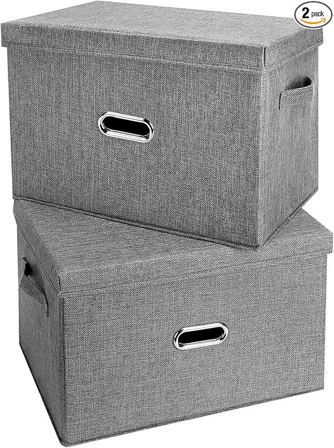 Large Linen Fabric Foldable Storage Bins with Removable Lid and Handles, Washable Storage Box Organizer Containers Baskets Cube with Cover for Bedroom,Office (Grey, Small(2-Pack))