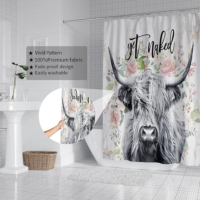 Domoku Highland Cow Shower Curtain Get Naked Shower Curtain Funny Cute Farmhouse Bull Floral Bathroom Curtain Polyester Fabric Waterproof with 12Hooks,72x72 inc