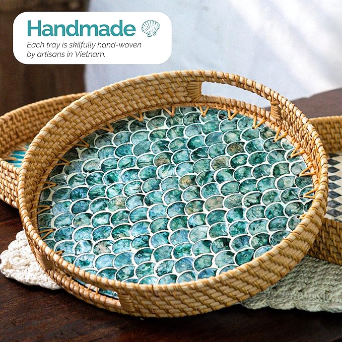 JUNGLE CULTURE Rattan Serving Tray 12" with Mother of Pearl Inlay • Coastal Boho Collection • Handcrafted Woven with Handles for Home • Round Dining Table Tray • Wicker Serving Basket – Cascade