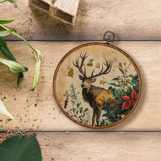KSDUT Vintage Deer Wall Decor Art - Retro Christmas Wall Art Canvas Frame Hanging Prints, Xmas Holiday Elk Round Wall Art Decor for Farmhouse Home Decorations 10"x10"