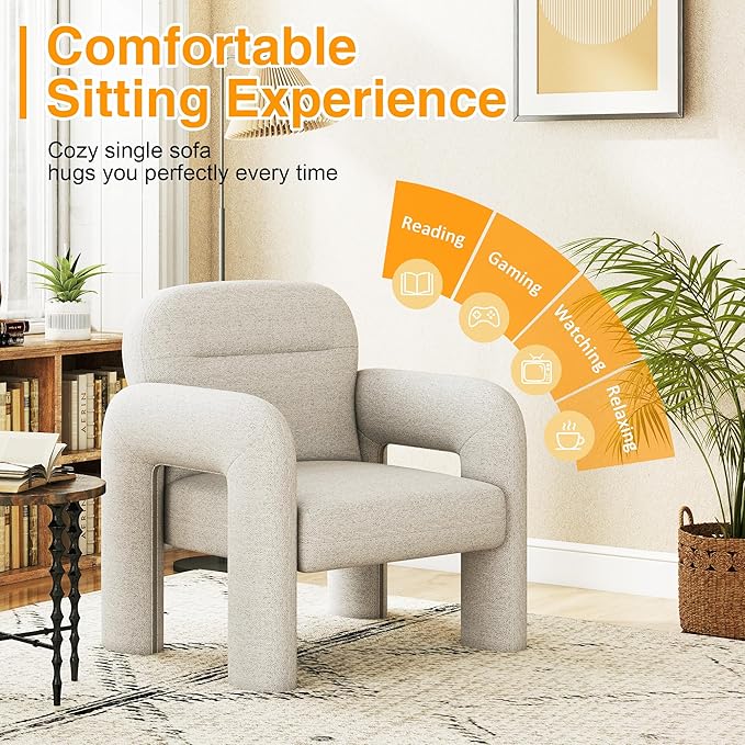 LSSPAID Accent Chairs, Modern Line Fabric Upholstered Armchairs, Comfy Leisure Reading Chair Fluffy Single Sofa Chair for Living Room, Bedrooms, Office (Grey, 1PC)