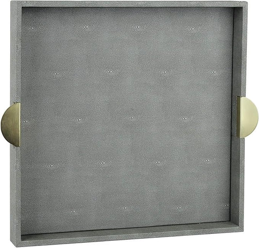 HofferRuffer Faux Leather Decorative Serving Tray, Elegant Coffee Table Ottoman Tray, Breakfast, Drinks, Liquor Serving Platter, Dark Grey Shagreen Finish with Gold Hardware Handle (Square)