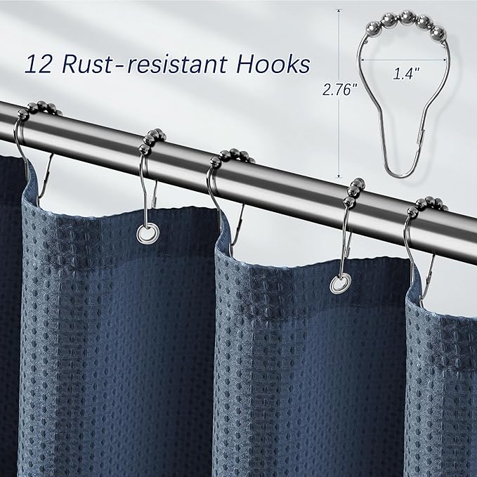 Shower Curtain Blue Water Resistant Waffle Weave Textured Heavy Duty Shower Curtain for Bathroom, 256GSM Modern Thick Fabric Shower Curtains Hotel Quality Spa with 12 Hooks, 72Wx78H Navy
