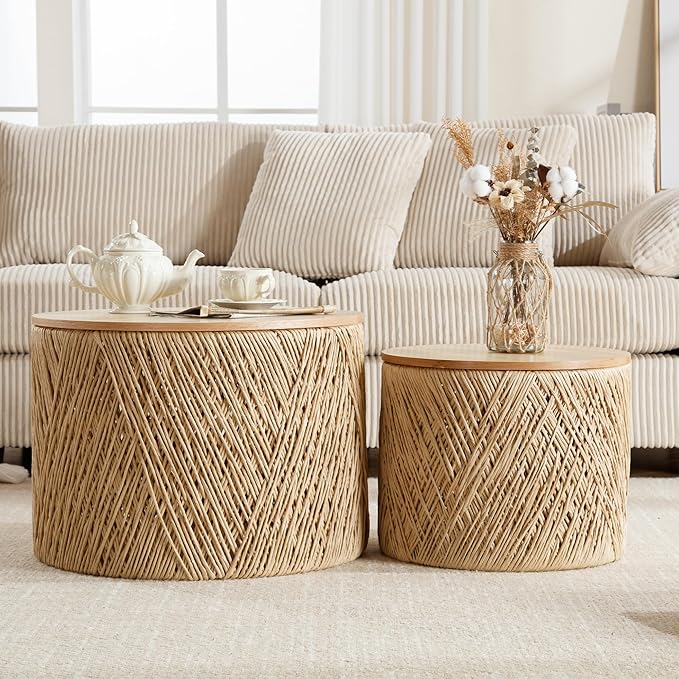 Farmhouse Round Coffee Table with Storage Boho Living Room Table with Lifting Top Hand-Woven Rattan Nesting Coffee Tables for Living Room, Natural
