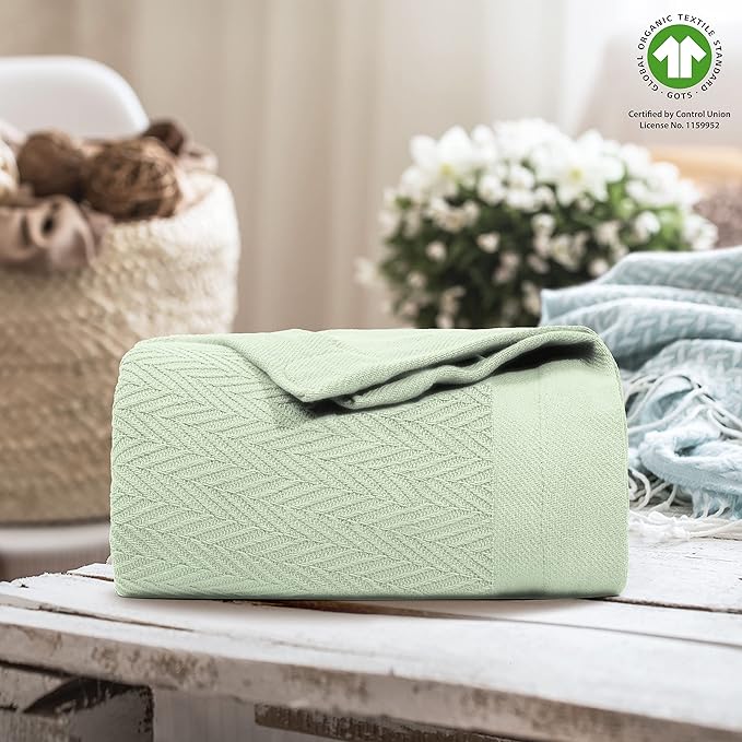 THREAD SPREAD Organic GOTS Cotton Blanket, Full/Queen - 350 GSM, Antistatic, Fuzzy Soft, Lightweight, Sofa, Camping & Travel, Perfect Herringbone All Seasons Throw, Sage Green + Stylish Bonus Tote Bag