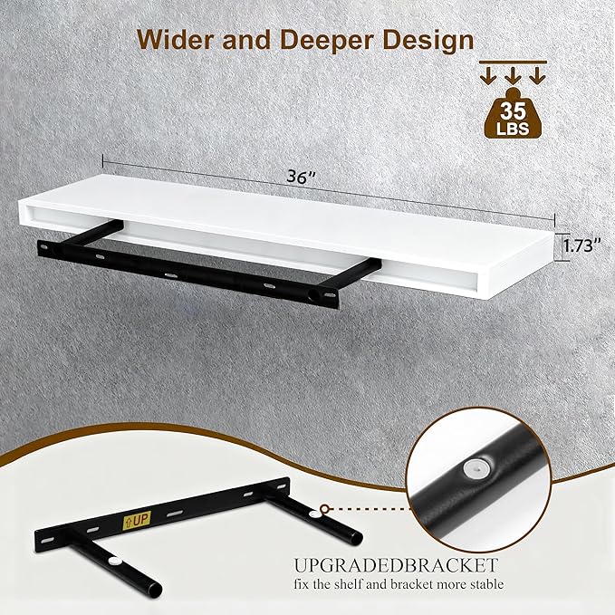 Floating Shelves for Wall(Set of 2)-36 Inch White Wood Wall Shelf with Invisible Brackets for Bathroom,Bedroom,Drawingroom,Kitchen for Decor(2pcs,White)