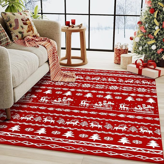 Christmas Area Rug 3x5 Red Office Washable Carpet Xmas Snowflake Holiday Decor Doormat Entryway Soft Low Pile Non Slip Indoor Throw Rug Kitchen Living Room Bedroom Entrance Dining Room