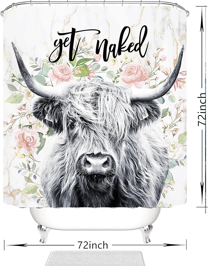 Domoku Highland Cow Shower Curtain Get Naked Shower Curtain Funny Cute Farmhouse Bull Floral Bathroom Curtain Polyester Fabric Waterproof with 12Hooks,72x72 inc