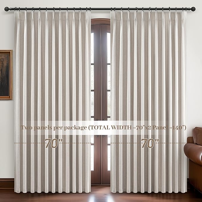 70 Inch Extra Wide Blackout Curtains 108 Inches Long for Living Room, Pinch Pleated Natural Linen Textured Boho Curtains Thermal Privacy Sliding Door Drapes Large Window Burg 70"W x 108"L x 2Panels