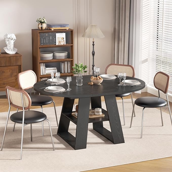 43.3in-59in Extendable Round Dining Table for 2-8,Modern Kitchen Oval Dining Table with Removable Leaves Space Saving,Wood Base with Storage Shelf for Kitchen Living Room (Black Style 2)